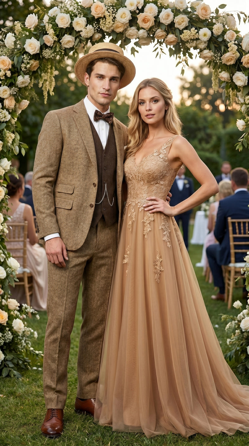 Men’s Camel Pocket Suit with Brown Vest, Vintage Inspired Formal Dress Outfit