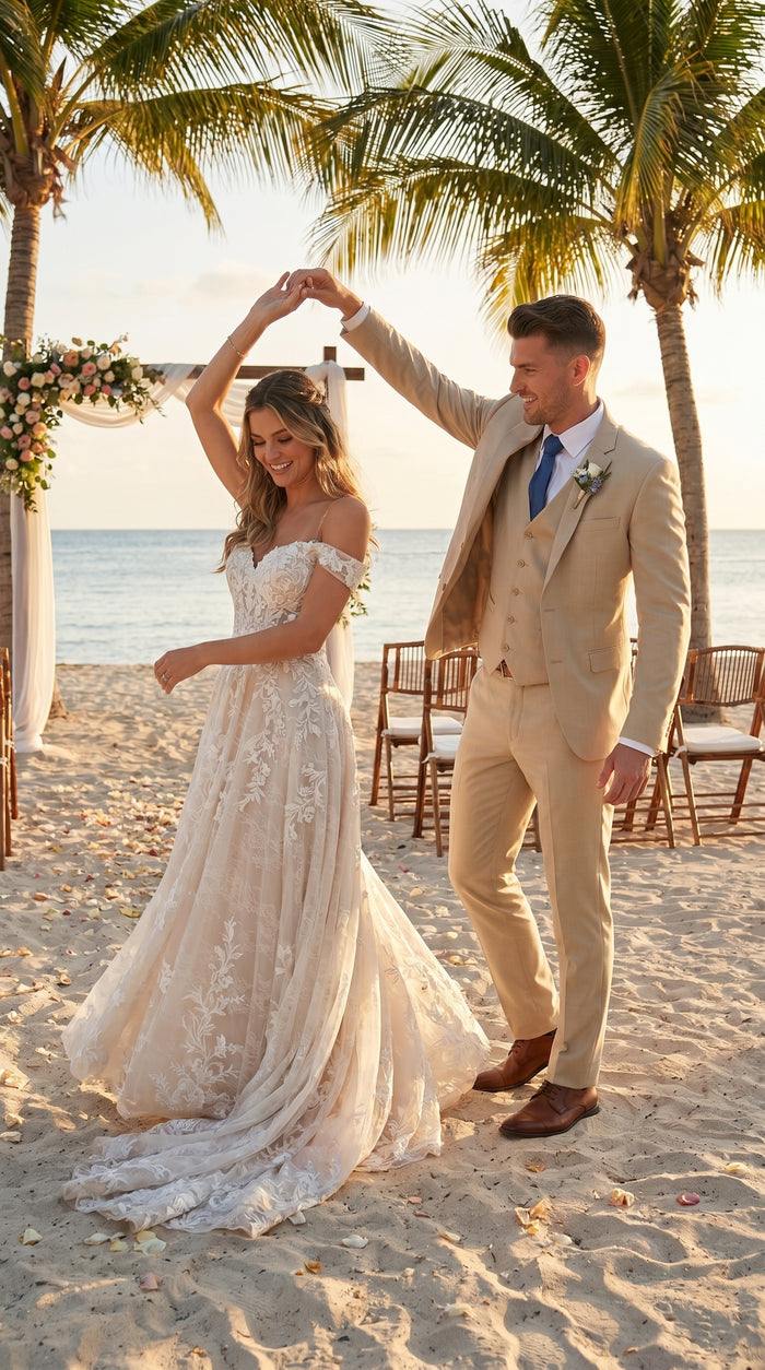 Men’s Tan Slim Fit 3 Piece Beach Wedding Suit with Vest, Summer Formal Dress Suit