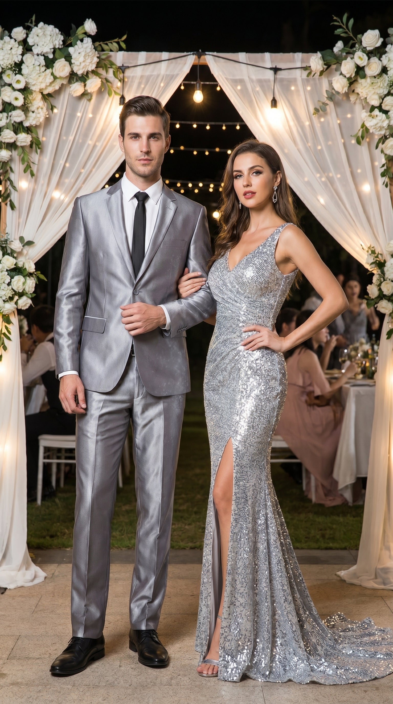 Men’s Silver Sharkskin 2 Piece Suit, Italian Styled Formal Wedding Prom Dress Suit