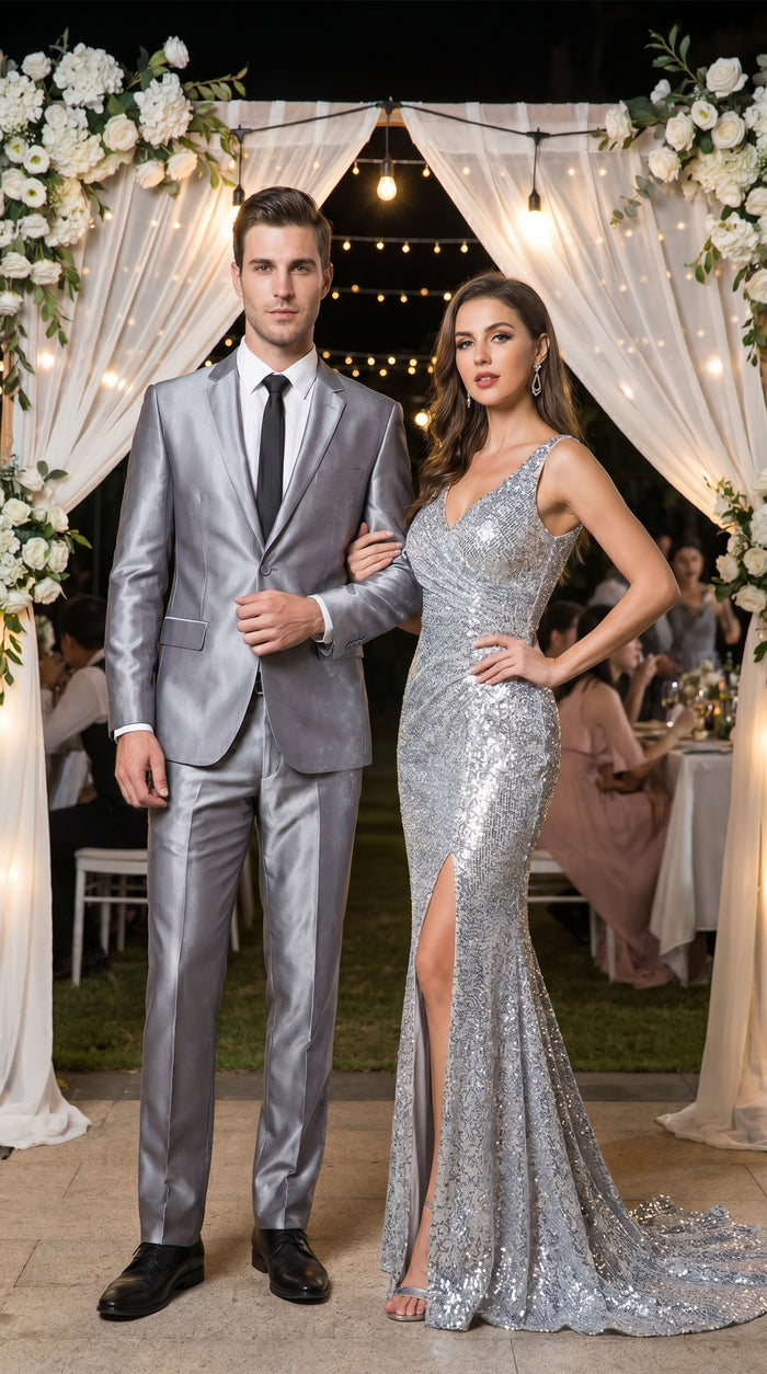 Men’s Silver Sharkskin 2 Piece Suit, Italian Styled Formal Wedding Prom Dress Suit