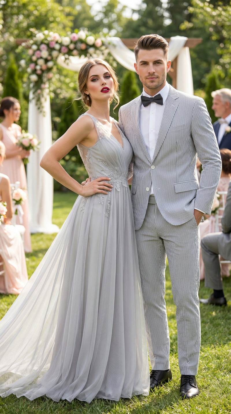Men’s Gray Seersucker Suit, Lightweight Summer Wedding Prom Dress Suit