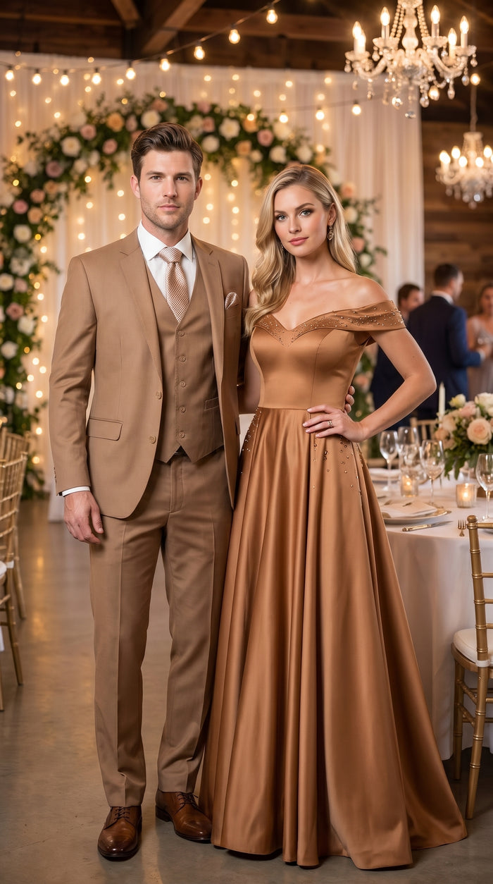 Men’s Caramel 2 Button Modern Fit Vested Wool Suit, Formal Wedding Business Dress Suit
