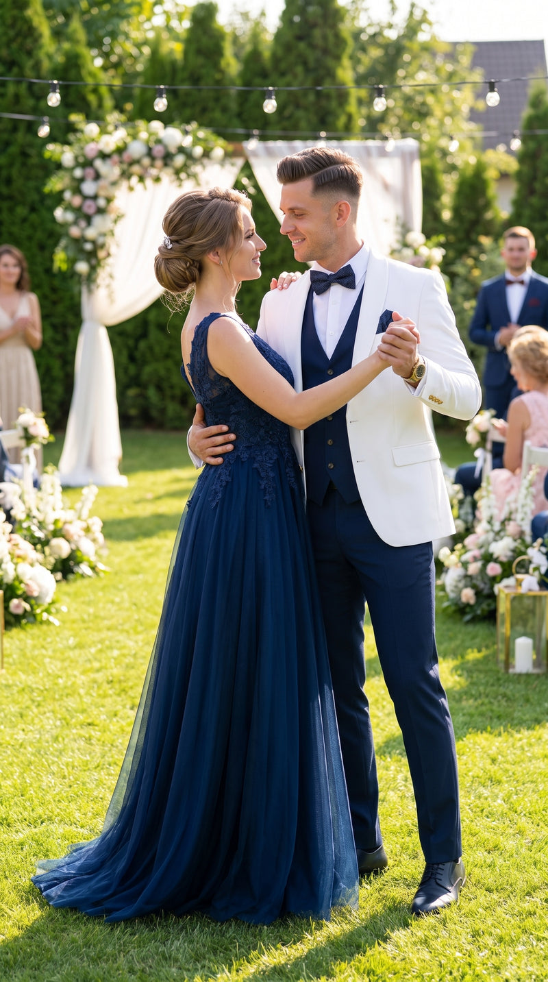 Men’s White and Navy Blue Wedding Suit, White Dinner Jacket with Navy Vest, Pants and Bow Tie