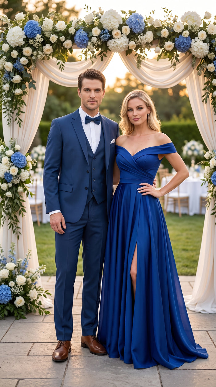 Men’s French Blue Tuxedo Suit with Matching Vest, Bow Tie and Satin Collar