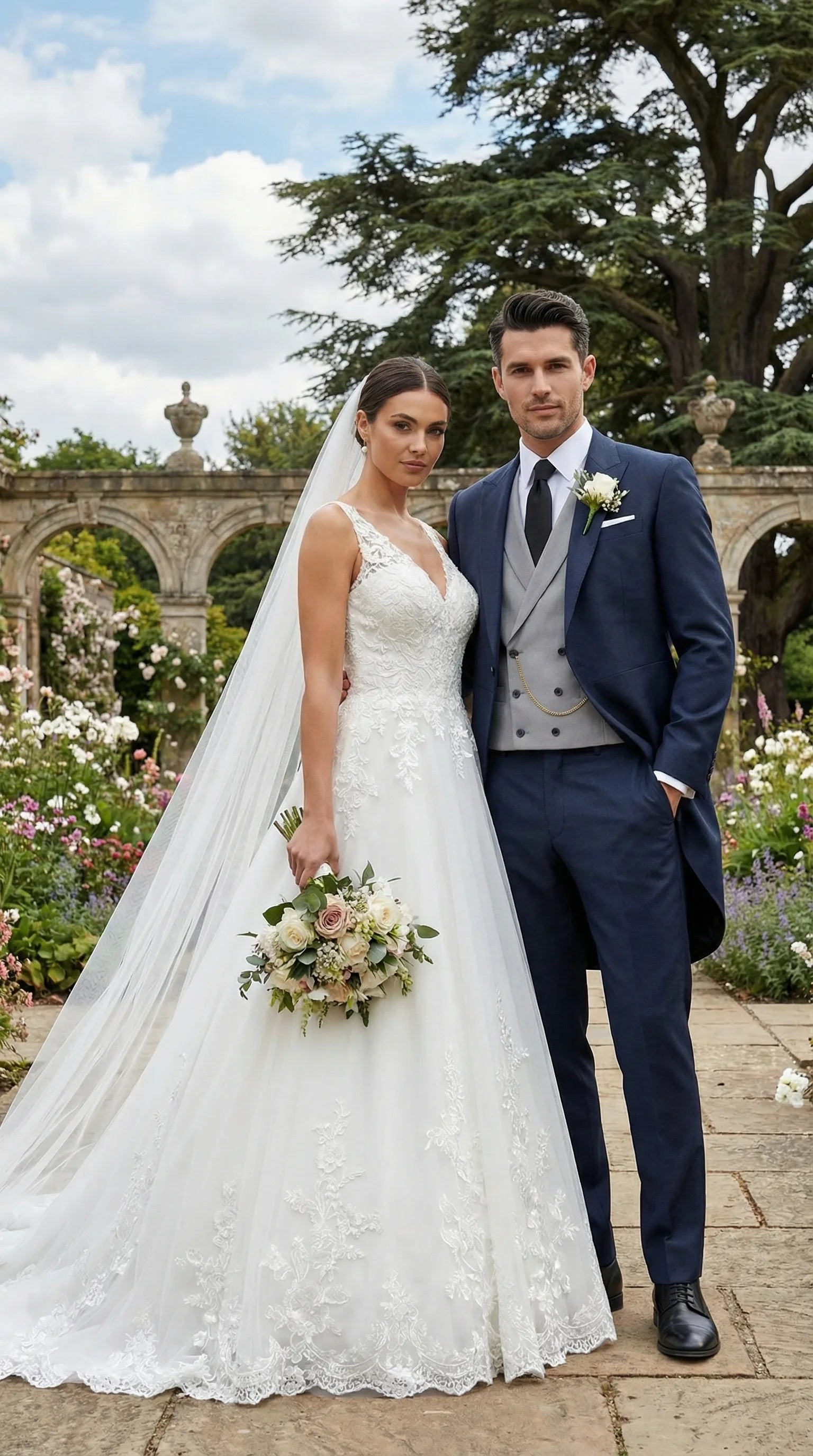 Men’s Navy Blue Three Piece Formal Suit – Cutaway Tuxedo Blazer Trousers for Wedding Tailcoat