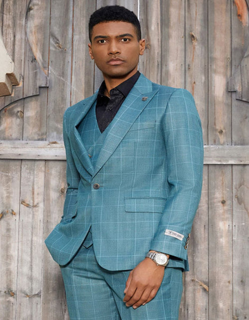 "Mens Stacy Adams Suit - Stacy Adams Suit Men's Teal Windowpane Suit - One Button Peak Lapel with Double Breasted Vest"