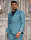 "Mens Stacy Adams Suit - Stacy Adams Suit Men's Teal Windowpane Suit - One Button Peak Lapel with Double Breasted Vest" Teal and Turquoise Prom Suits