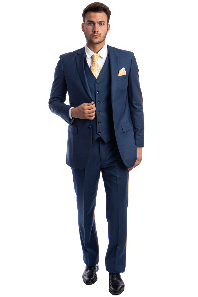 "Indigo Blue Men's Wedding & Business Suit - Vested Two Button Solid Color"