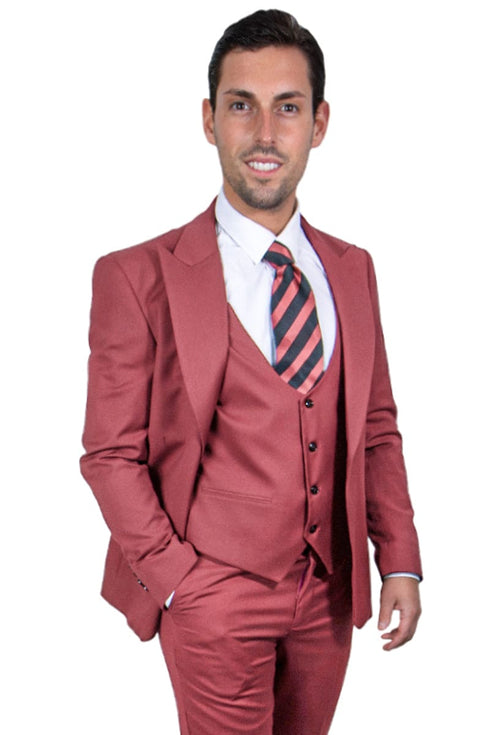 "Mens Stacy Adams Suit - Stacy Adams  Suit Men's Coral Blush Pink Suit with Vested One Button Peak Lapel"