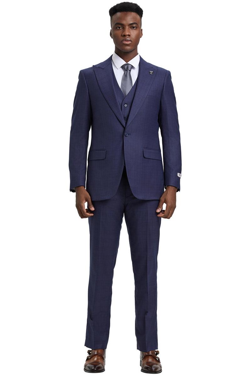 Stacy Adams men's one-button suit. Eggplant purple with windowpane plaid. Wide peak lapel, fitted jacket, matching pants, and vest. Three-piece set.
