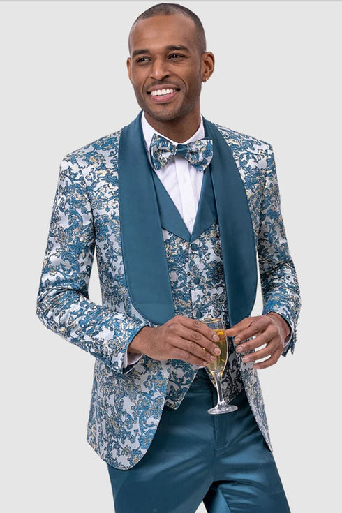 "Vintage Slim Fit Paisley Brocade Men's Prom 2025 Tuxedo - Teal Blue"