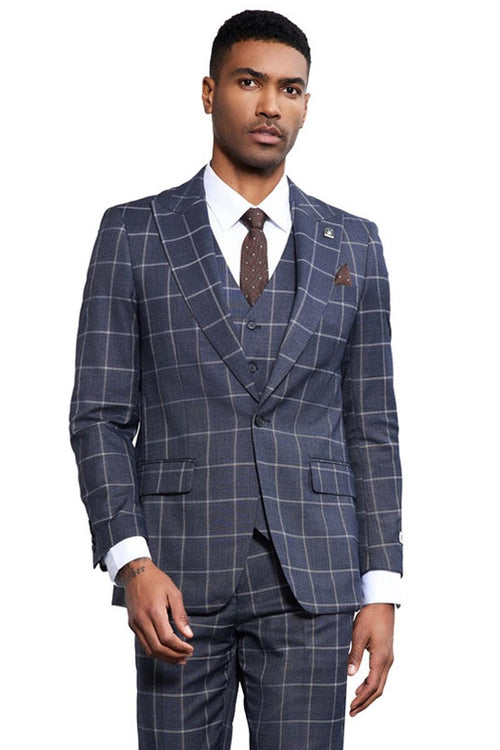Charcoal grey Stacy Adams men's suit. Single-button blazer, vest, and tailored trousers with windowpane pattern. Smooth fabric, classic style.