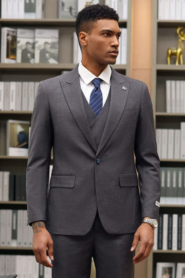 "Mens Stacy Adams Suit - Stacy Adams Suit Men's Designer Suit - Charcoal Grey Vested One Button Peak Lapel"