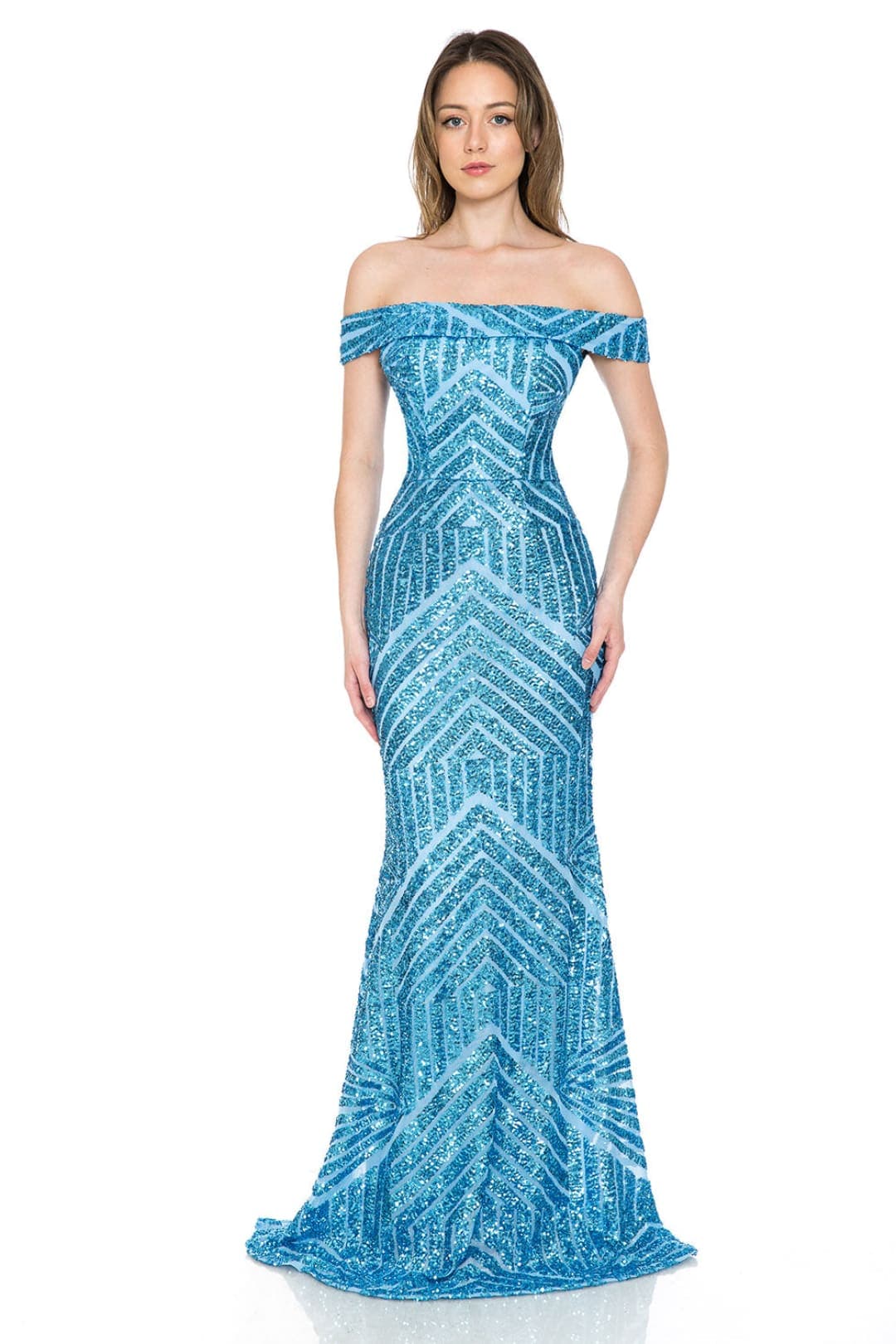 LENOVIA 5224 Off Shoulder Sequined Long Formal Dress