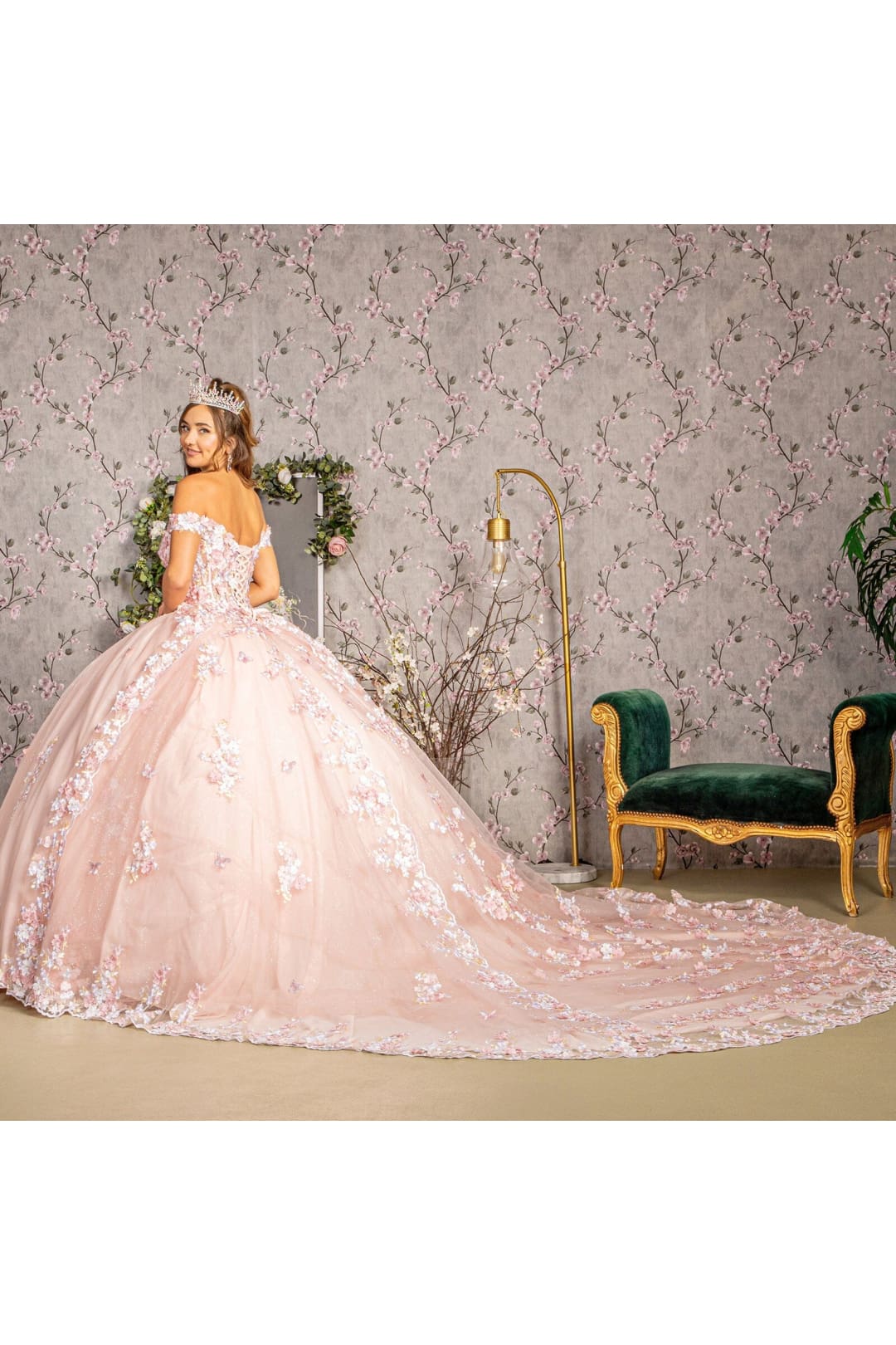 Off Shoulder Sheer Corset Ball Gown by Elizabeth K GL3182