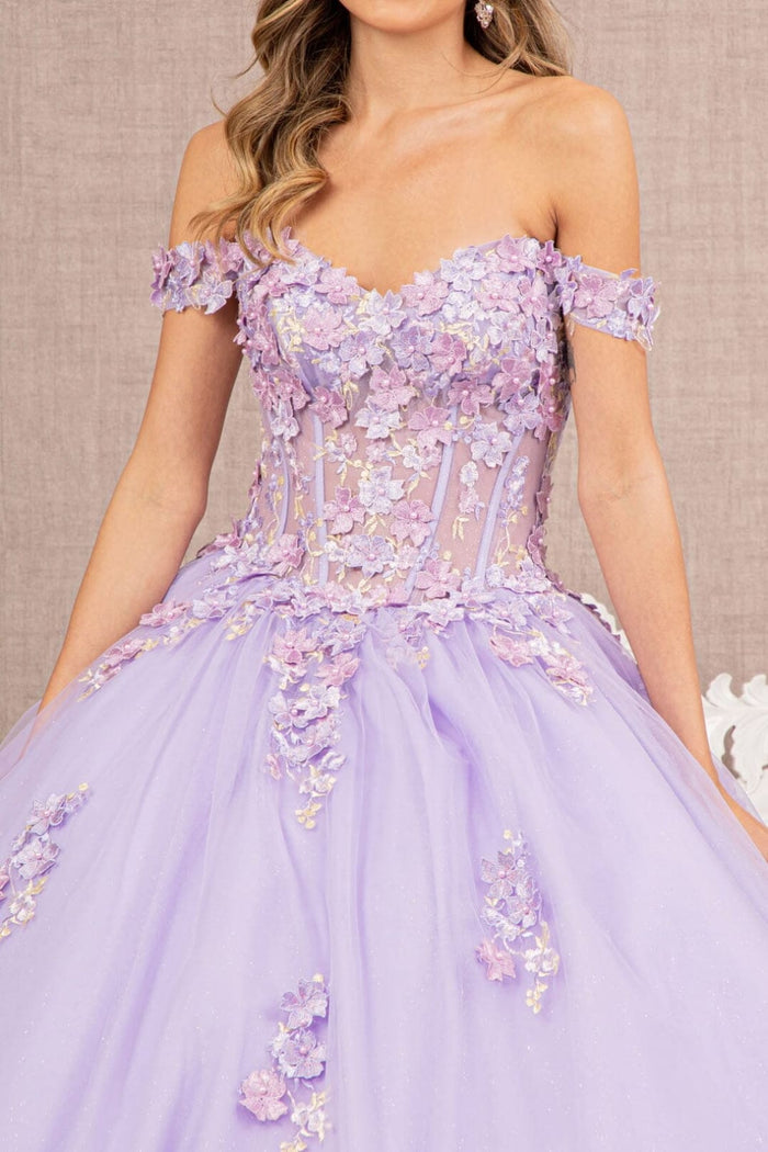 Off Shoulder Sheer Corset Ball Gown by Elizabeth K GL3182