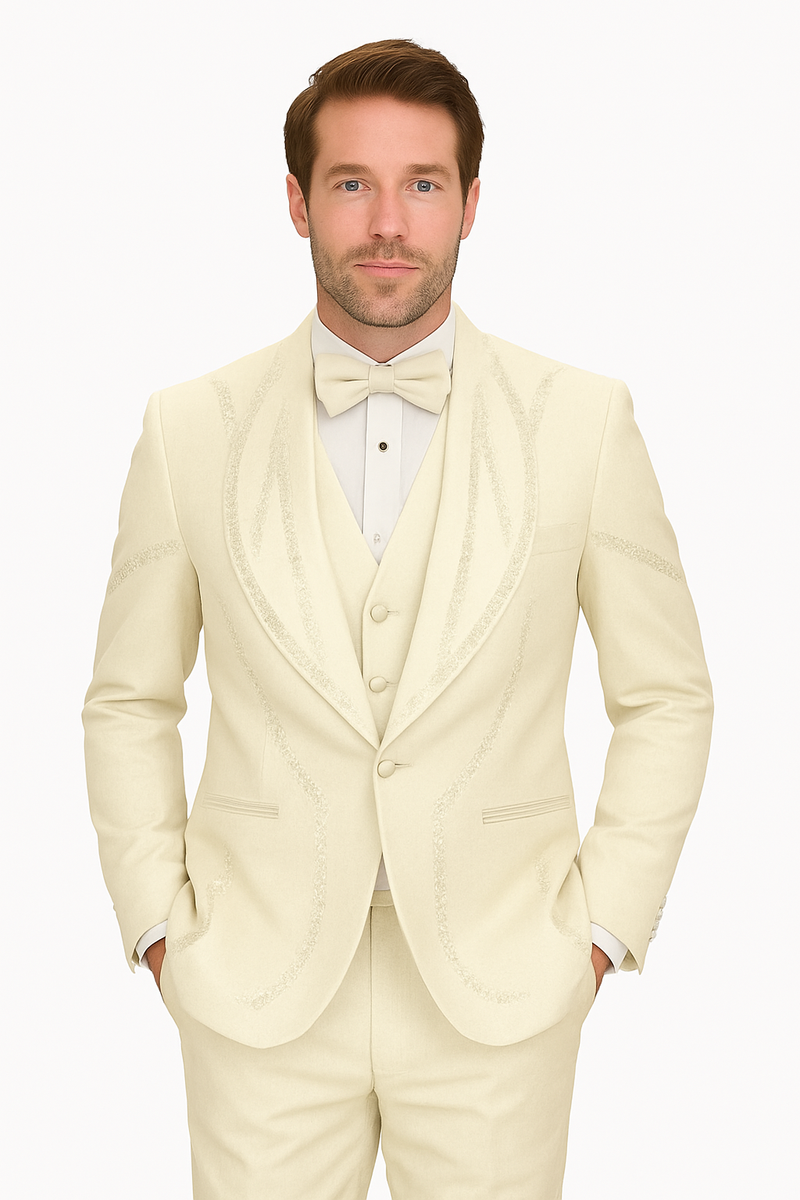 Off-white Italian wool tuxedo. Modern fit, three-piece: jacket (shawl collar, two buttons), vest, straight-cut trousers. Smooth, subtly shiny fabric. Structured silhouette.
