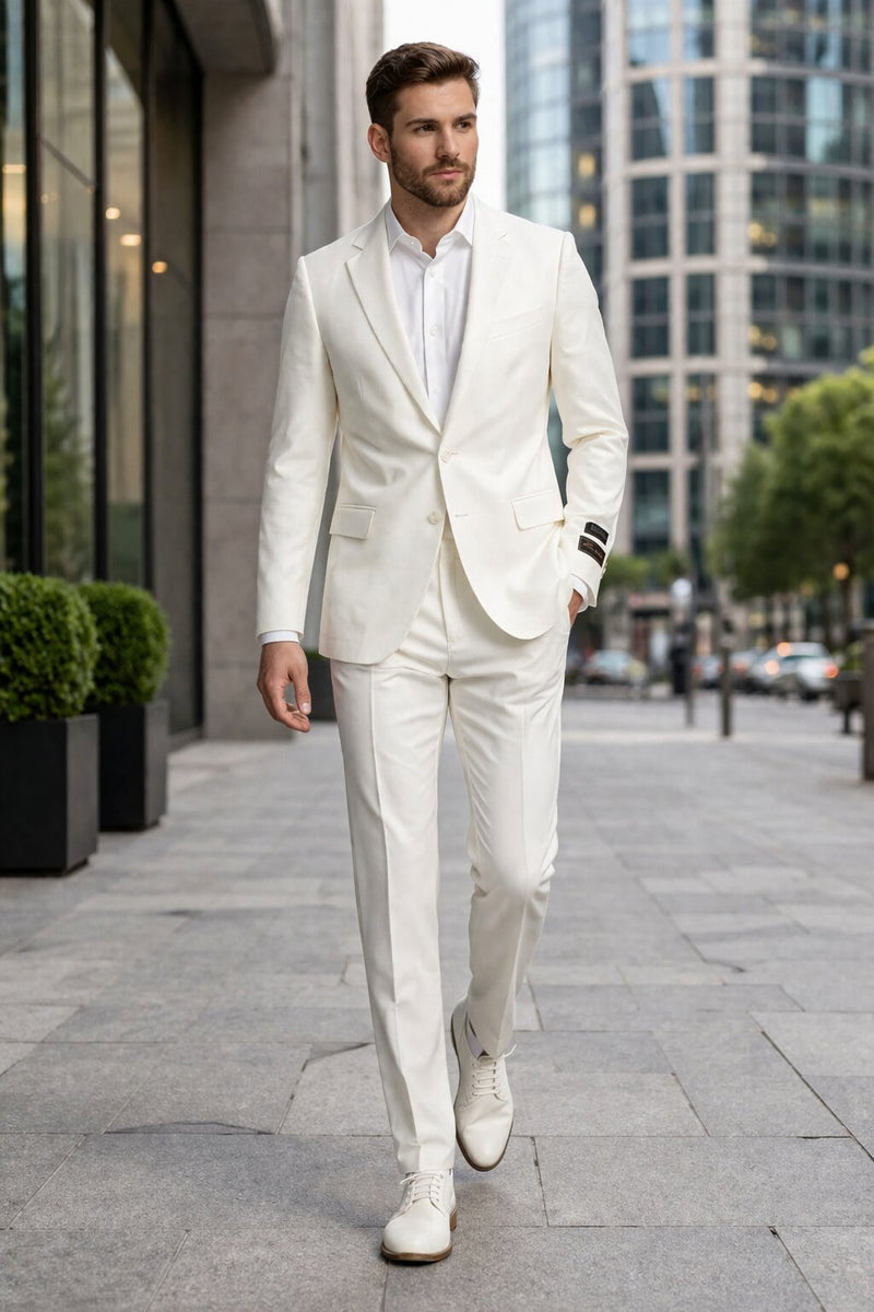 Tiglio Italian Suit - Real Wool Fabric Super 150's Novello Off-White, Modern Fit Suit in Color Off-White