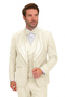 Off-white Italian wool tuxedo. Modern fit, three-piece. Single-breasted jacket with shawl collar and ornate stitching. Includes waistcoat and matching trousers. Light cream color.
