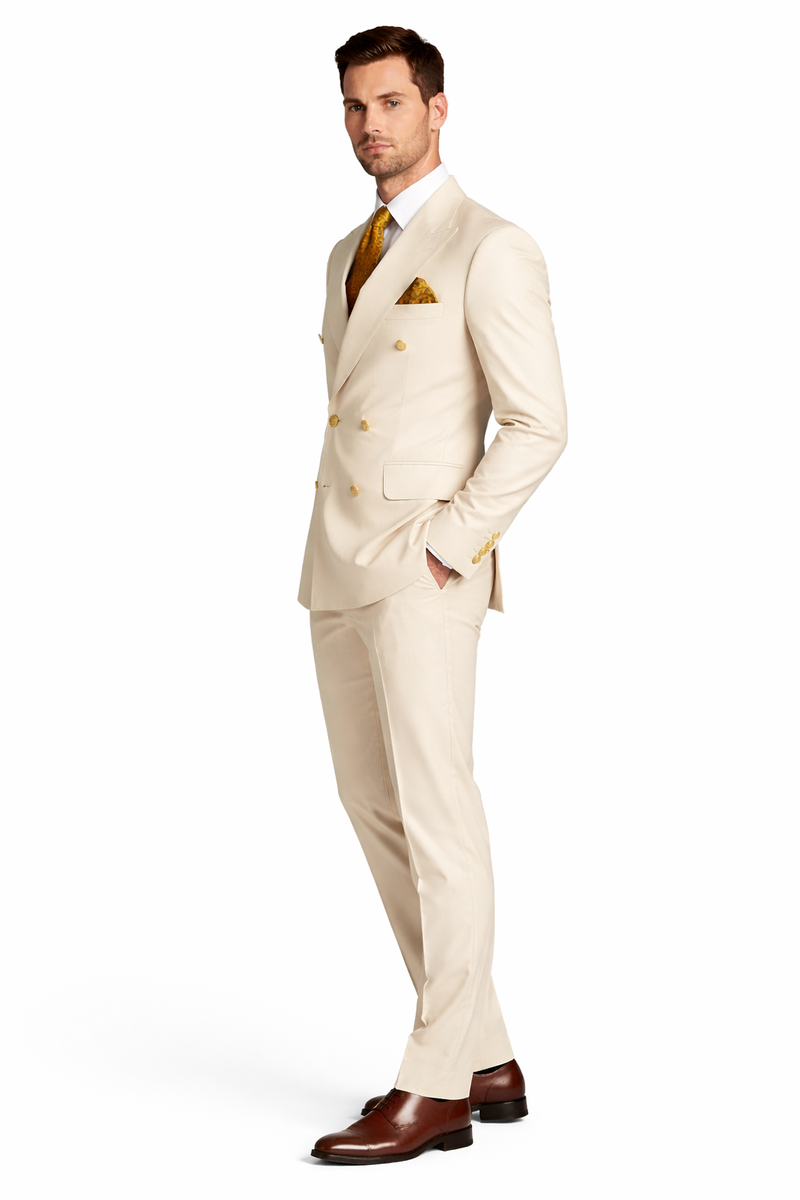 Off White - Ivory - Cream Color White Double Breasted Stylish Peaked Lapel Men Suits