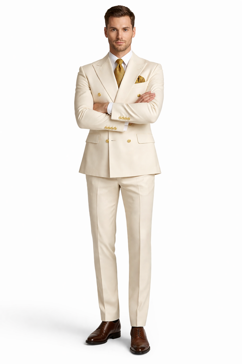 Off White - Ivory - Cream Color White Double Breasted Stylish Peaked Lapel Men Suits