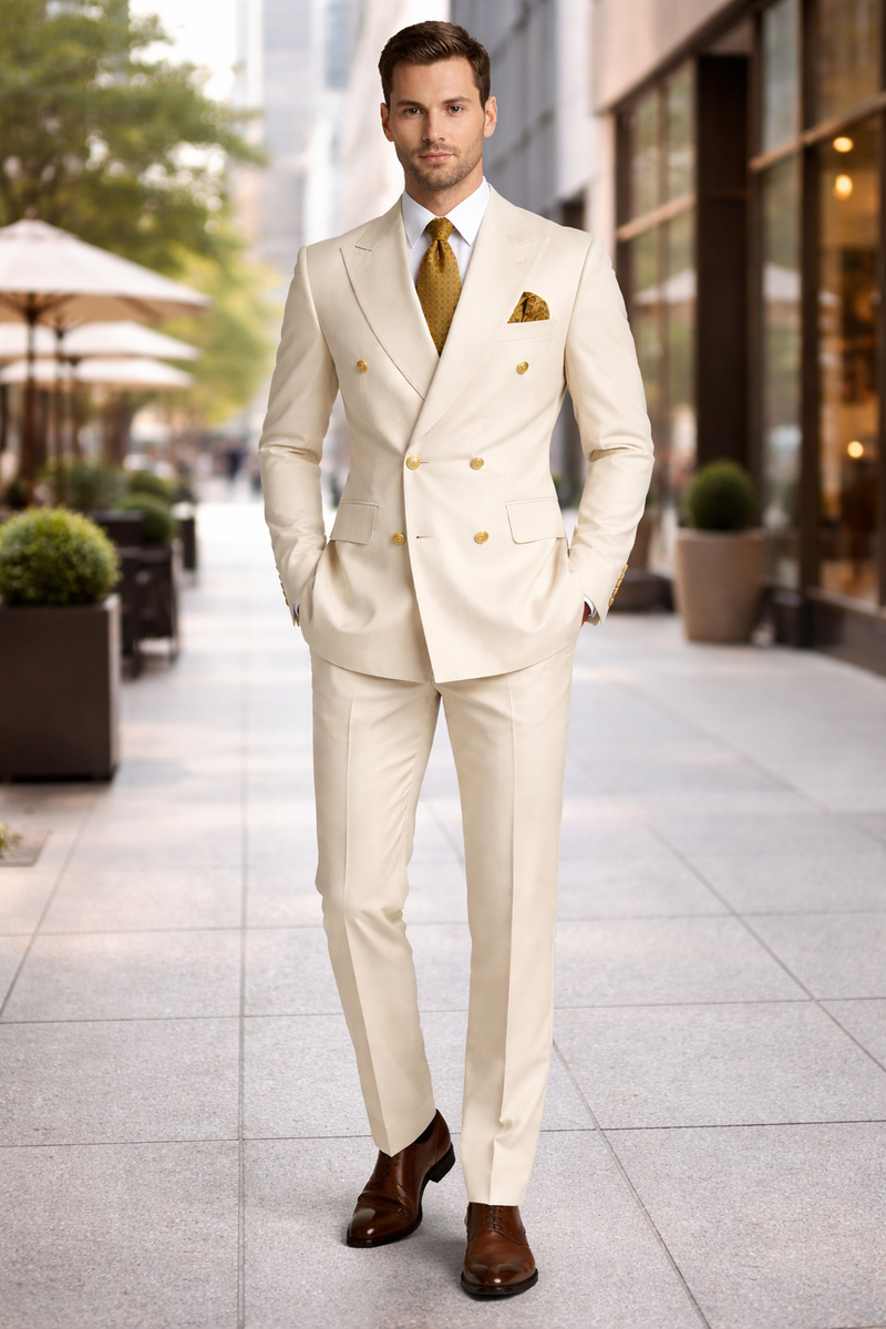 Off White - Ivory - Cream Color White Double Breasted Stylish Peaked Lapel Men Suits