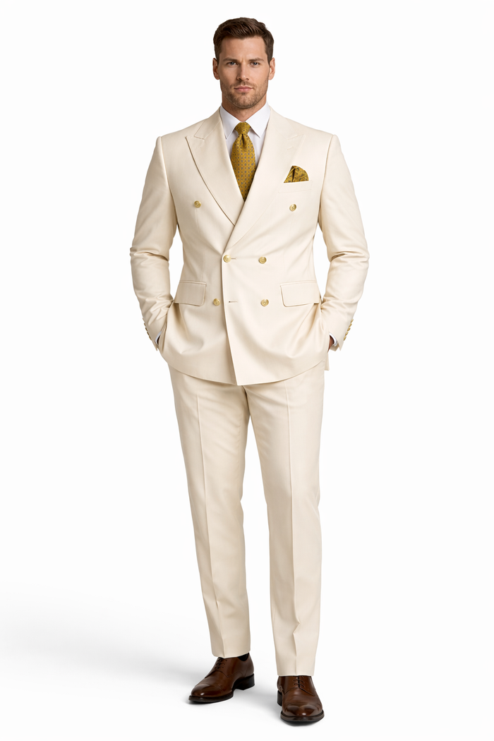 Off White - Ivory - Cream Color White Double Breasted Stylish Peaked Lapel Men Suits