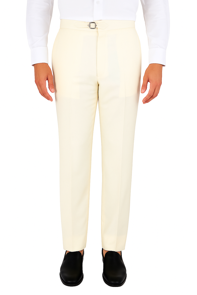 Tiglio Luxe Marbella off-white wool dress pants. Semi-wide leg, modern silhouette. Soft wool fabric. Metal clasp closure. Neutral off-white color. Straight cut.
