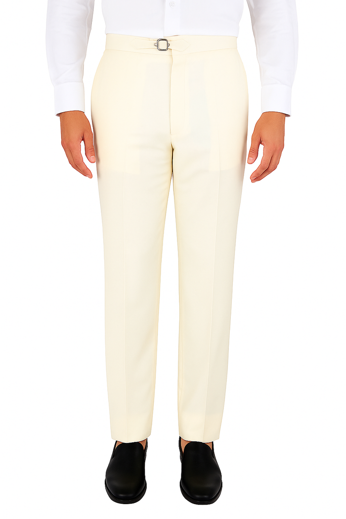 Tiglio Luxe Marbella off-white wool dress pants. Semi-wide leg, modern silhouette. Soft wool fabric. Metal clasp closure. Neutral off-white color. Straight cut.
