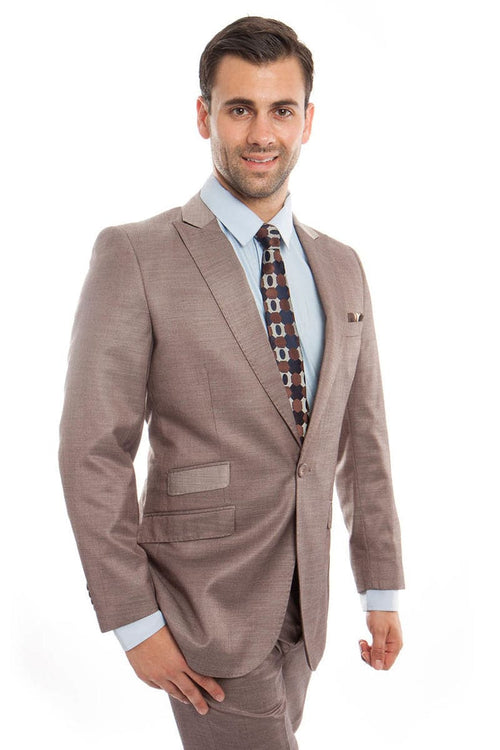 "Men's Slim Fit Sharkskin Suit - One Button Peak Lapel with Ticket Pocket, Dark Tan"