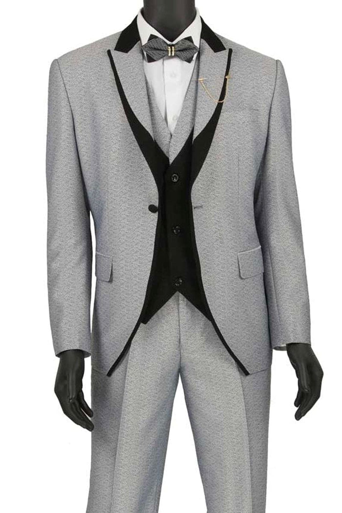 Mens 1 Button Trim Peak Vested Tuxedo Suit in Silver