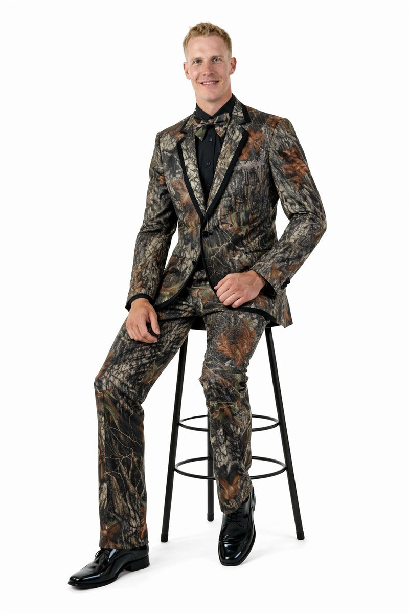 Army Green Tuxedo - Camouflage Patterned - Two Toned Vested Olive Camo  Single Breasted  2 Button One Chest Pocket Tuxedo