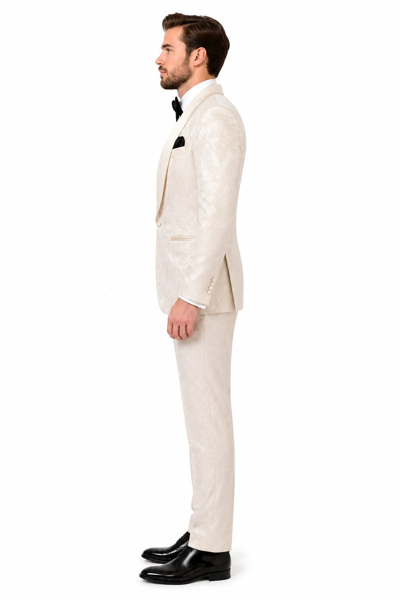 Men One Button Floral All Champagne Tuxedo – 3 Piece