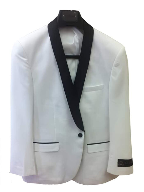 Two buttons White Dinner Jacket One Button Slim Fit tux coats White with Dark color black Collared Tuxedo / Graduation Homecoming Outfits dinner Jacket Shawl collar Best Cheap Blazer ~ Suit Jacket For Men Affordable Sport Coats Sale