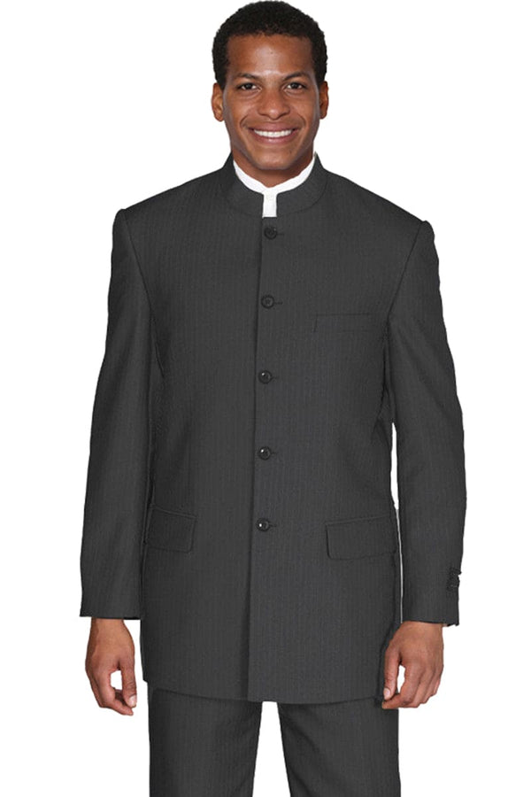 Black Pinstripe Mandarin Suit - Men's 5 Button Style