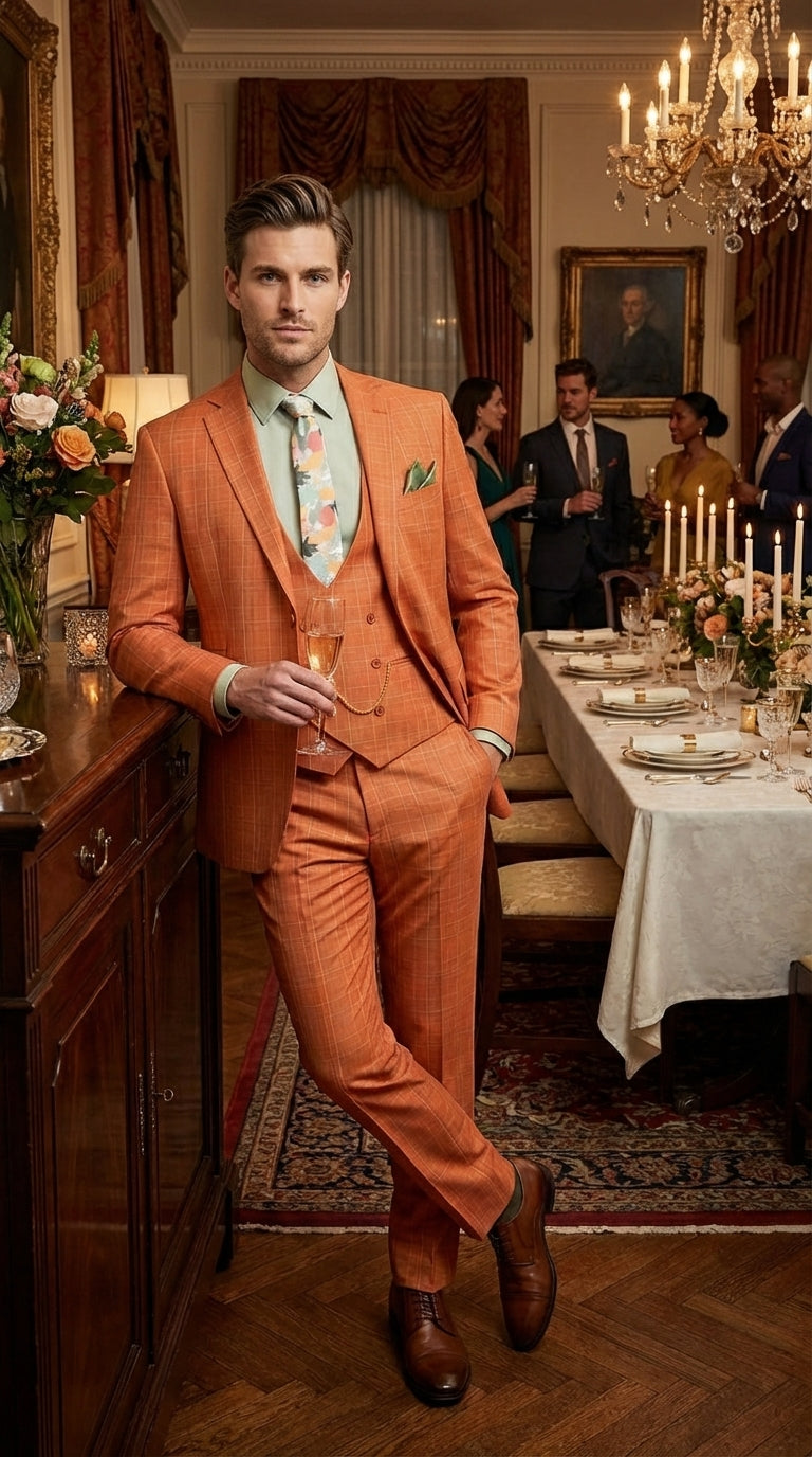 Vinci Mens Orange Three Piece Suit – Orange Windowpane Plaid 3PC Formal Suit for Wedding, Church and Business Holloween Color