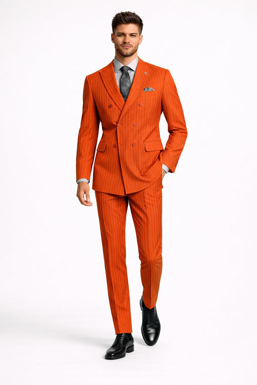 Mens Slim Fit Orange Pinstripe Canyon Clay Double Breasted Suit – Modern Designer Formal Suit