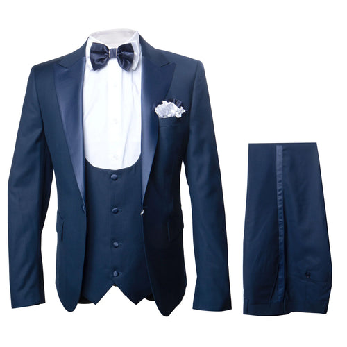 Men’s Navy Blue Tuxedo with Satin Peak Lapel with navy sateen  – 3 Piece Formal Suit with Vest and Bow Tie
