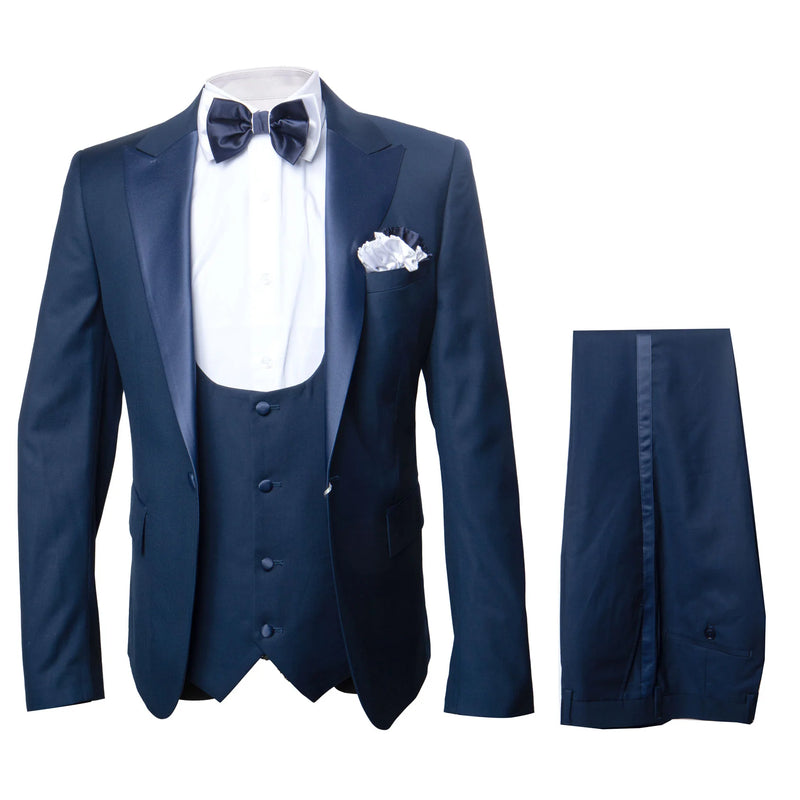 Navy blue men's tuxedo with satin peak lapels. Three-piece design: jacket with pocket square, vest, and bow tie. Smooth, glossy fabric and flat-front trousers. Uniform navy color.
