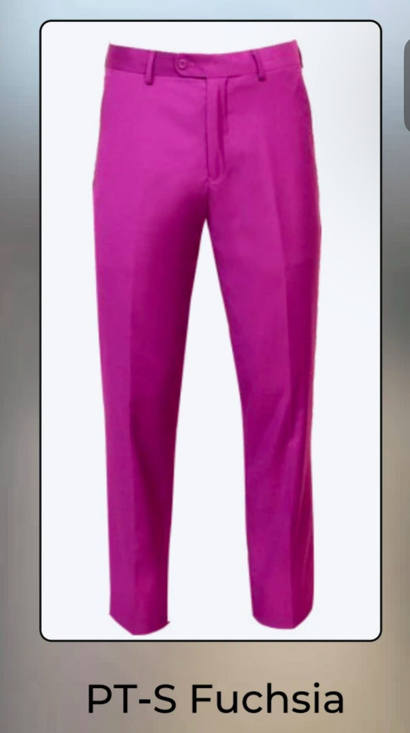 Men's slim fit dress pants in vibrant fuchsia. Solid hot pink, smooth texture, tailored silhouette, perfect for formal events.
