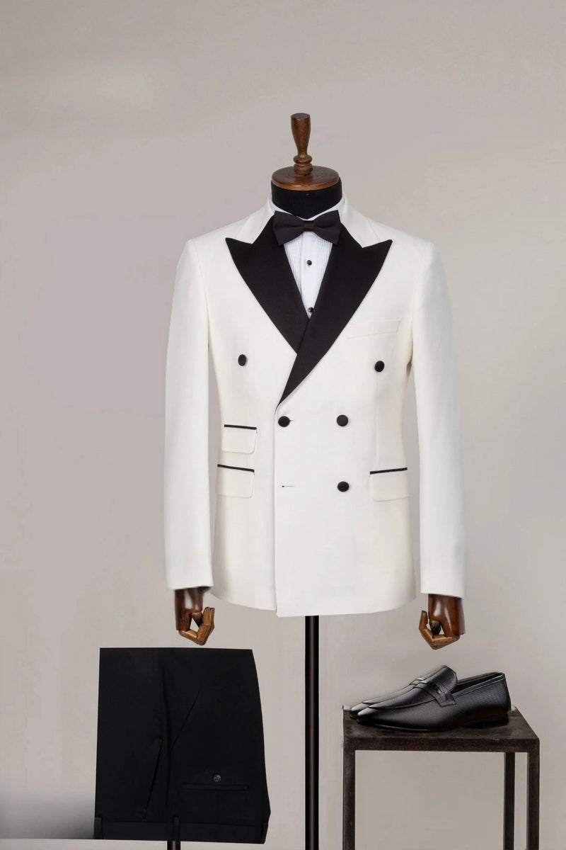 Men’s Vintage Hollywood Ivory Double-Breasted Tuxedo – Black Peak Lapel Wedding and Formal Suit