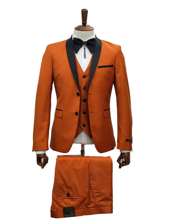 Men's Burnt Orange Tuxedo Suit 3-Piece Slim Fit with Black Satin Shawl Lapel