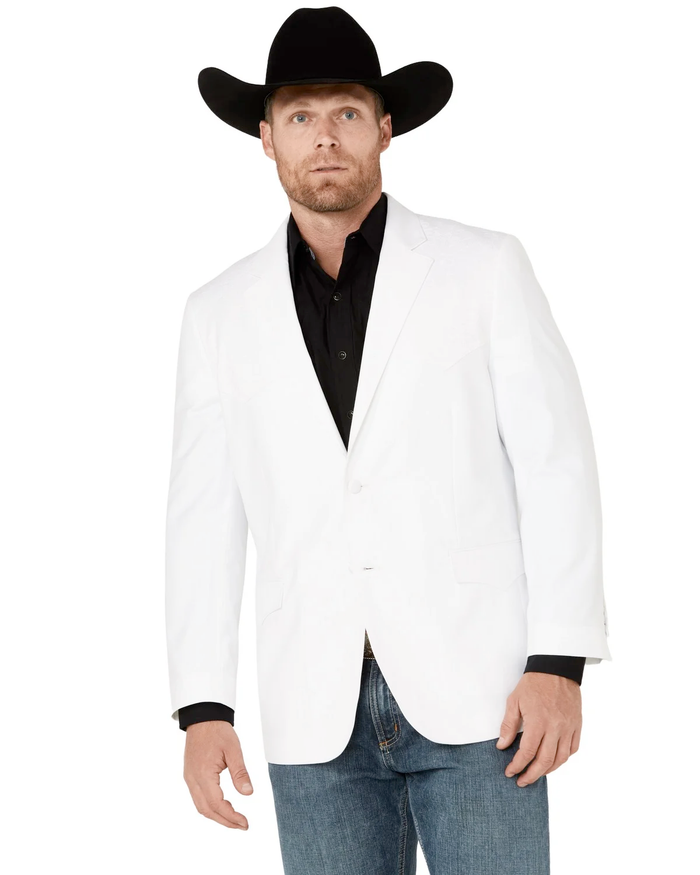 Men's white western blazer: classic cowboy style. Single-button closure, notch lapels, and two front pockets. Smooth, structured material.
