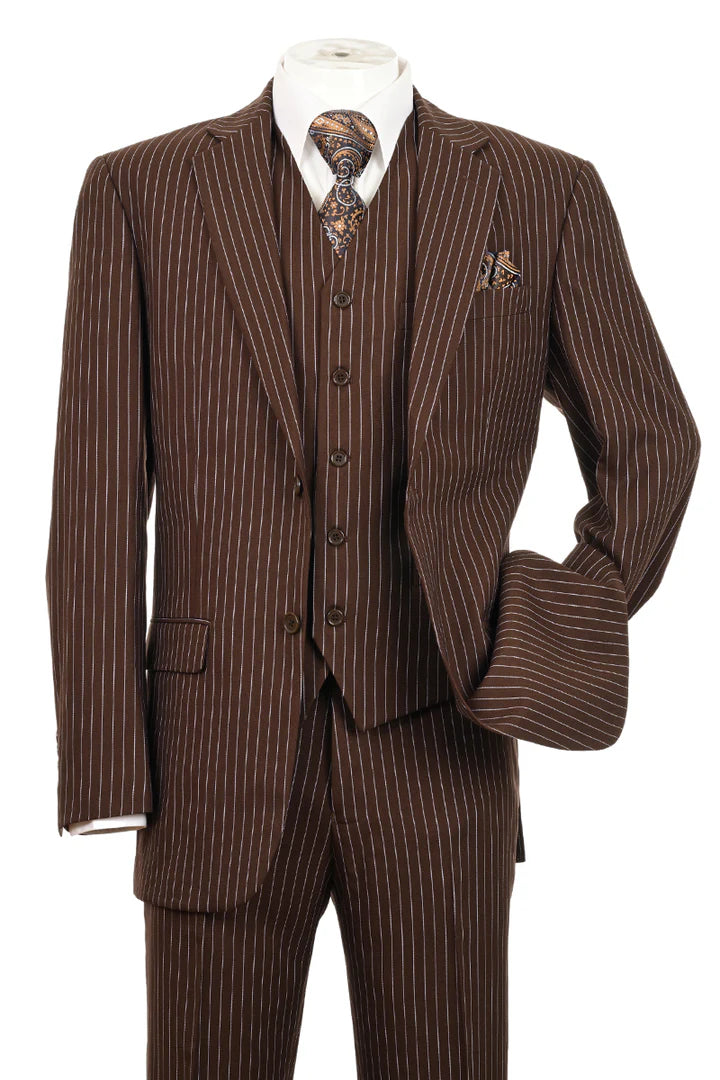 Men's brown pinstripe 3-piece suit. Fitted blazer with notch lapels, matching vest, and straight-cut trousers. Brown fabric with white pinstripes.