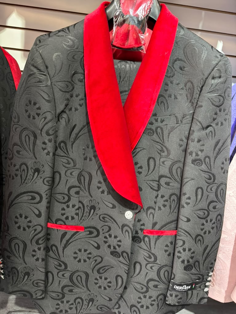 Men’s Black Paisley Tuxedo with Red Velvet Shawl Lapel – 3 Piece Wedding Prom Suit With Matching Bowtie