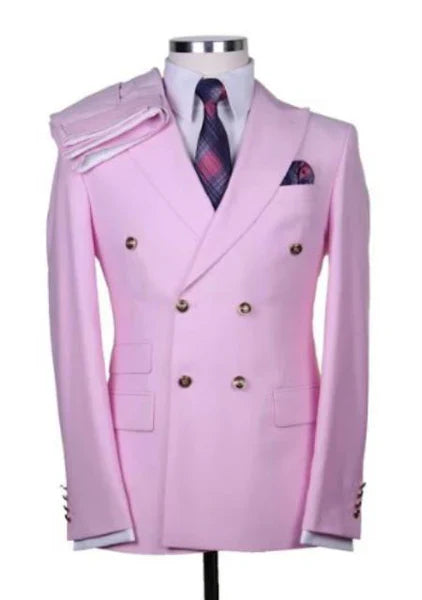 Men's light pink double-breasted blazer featuring gold-tone buttons, two front pockets, and a left shoulder with fabric draping. The fabric appears smooth and tailored.