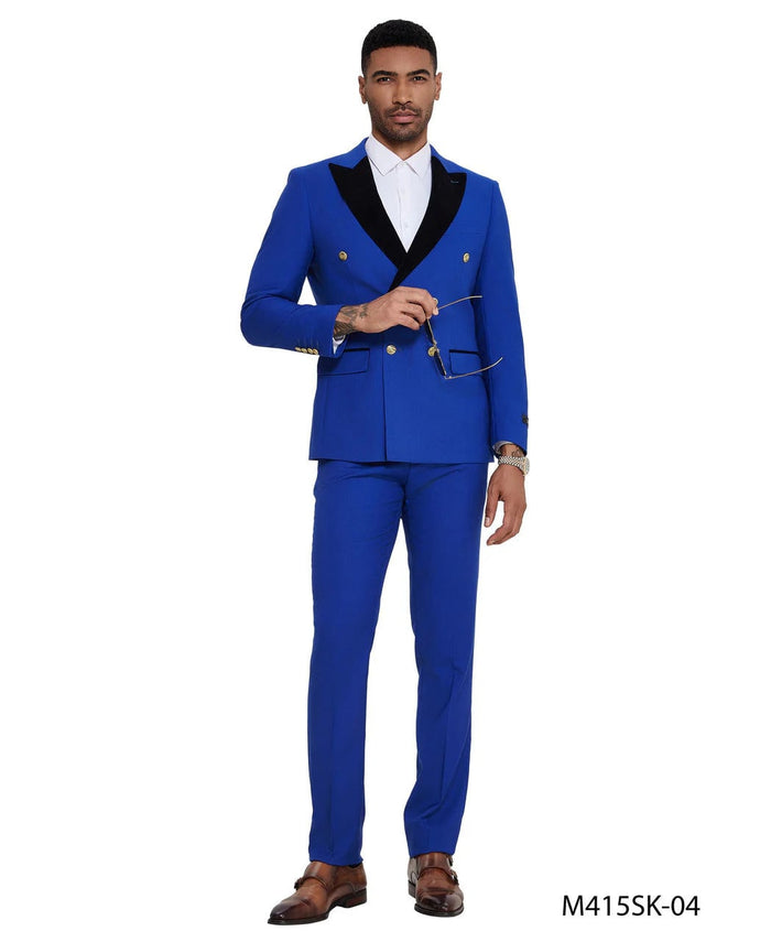 Royal blue double-breasted tuxedo suit with a modern slim fit. Features black satin lapel and matching trousers for a sharp, cohesive look.
