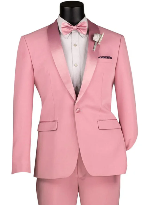 Mens Dusty Rose Pink Summer Tuxedo – Satin Shawl Lapel Formal Wedding Prom Suit