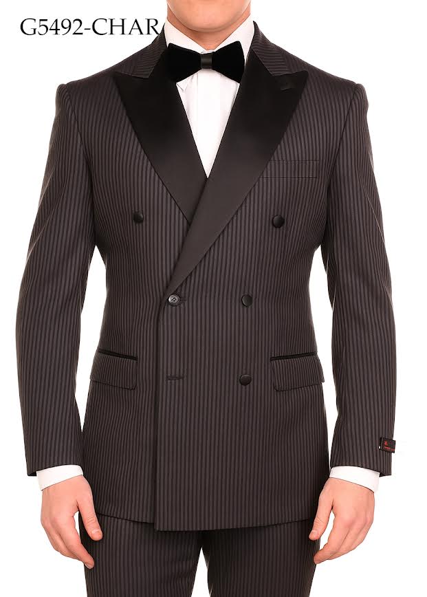 Men’s Double Breasted Suit – Classic Peak Lapel Formal Tuxedo Style Suit for Wedding in Black Ton on Tone Pinstripe