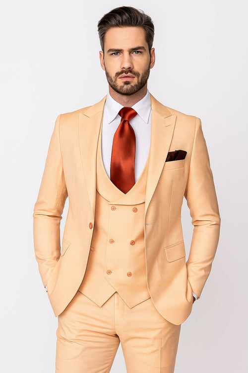 Men's peach three-piece suit: double-breasted vest, notch lapel blazer, and slim-fit pants. Solid peach color with a smooth finish. Blazer: fitted, two pockets. Vest: six buttons, V-neck.
